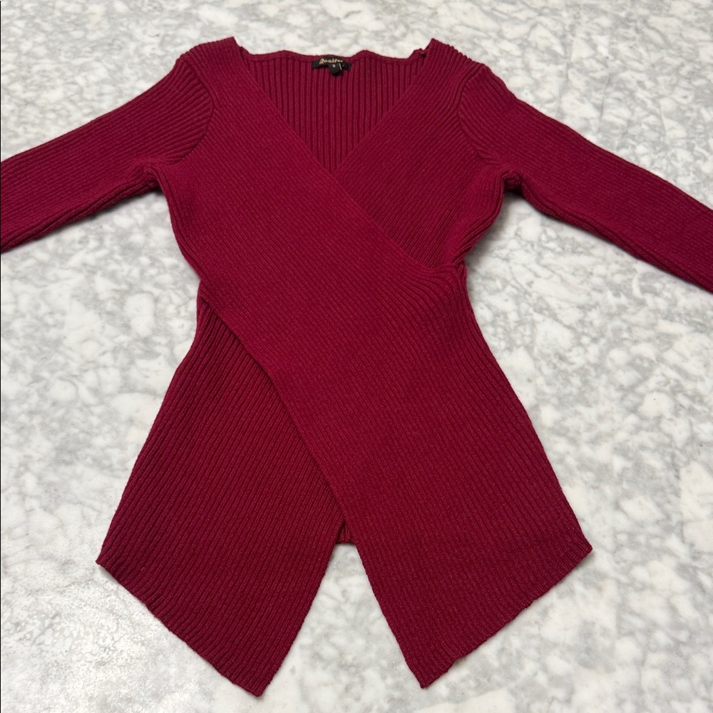 Ribbed Wrap-Front Sweater Top in Deep Raspberry